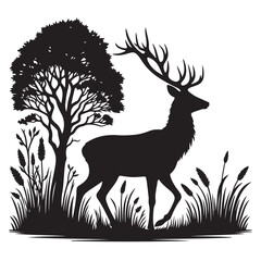 Silhouette animal in nature white background Deer animal silhouette, Deer Illustration vector art.