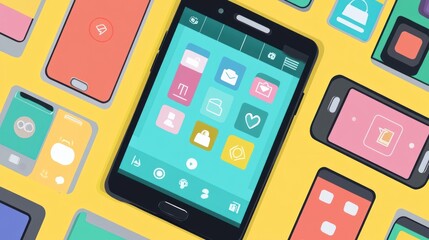 Flat lay of various smartphones and tablets showcasing colorful app interfaces and icons.