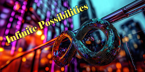 Infinite possibilities concept illustrated with a textured infinity symbol against a blurred futuristic city background.