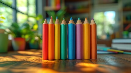 Colorful pencils on a wooden table