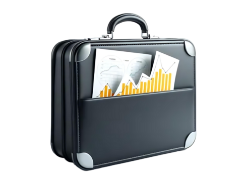 Professional Black Briefcase with Business Documents and Charts in Front Pocket, Corporate Work Accessory for Success and Finance with Transparent Background