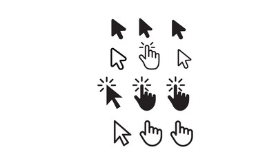 This graphic set displays various click icons, including mouse cursors and hand pointer illustrations, in a simple black and white design.