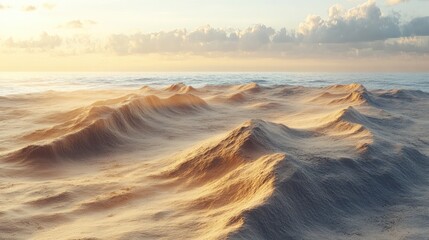 Golden sand dunes meet the ocean at dawn.