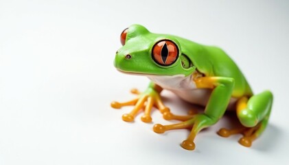 Obraz premium Green tree frog perched on white, vibrant skin, skin, nature, studio