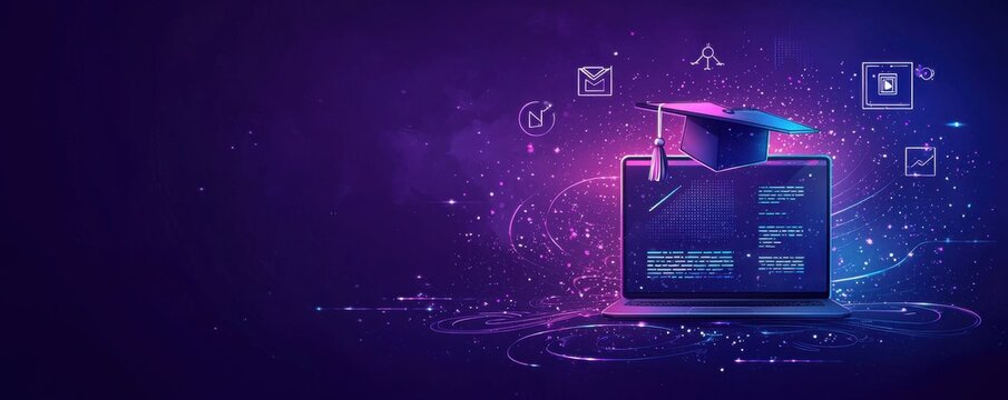 Laptop with graduation cap symbolizing online education and digital learning