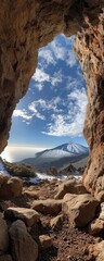 Cave opening to a volcanic landscape