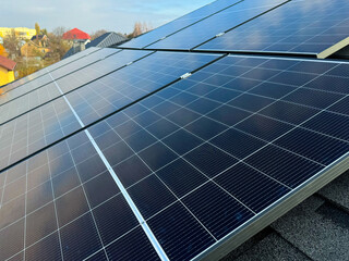 Solar energy system on a residential roof with panels for sustainable energy.