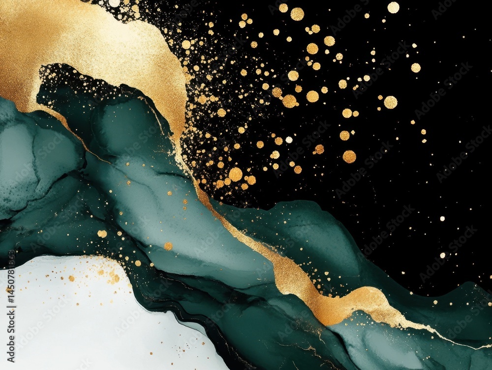 Aufkleber elegant abstract art featuring emerald green and gold accents with a fluid texture creating a luxuri