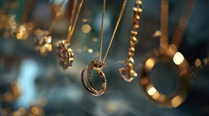 Gold jewelry collection hanging, necklaces and rings. Close-up view of intricate designs, delicate chains, and precious stones