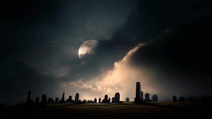 Dramatic graveyard with tombstones under a full moon obscured by storm clouds, creating eerie and ominous atmosphere during nighttime