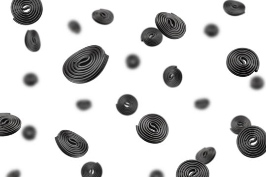 Falling Liquorice Candy, Gummy, isolated on white background, selective focus