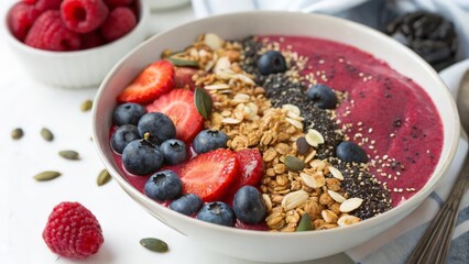 Colorful Smoothie Bowl Topped with Strawberries, Blueberries, Granola, and Chia Seeds
