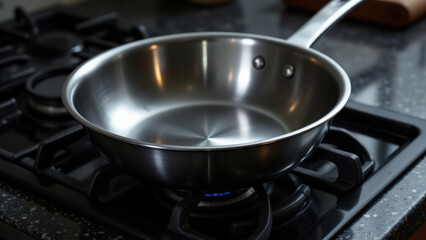 A stainless steel skillet on a stove burner, ready for cooking.