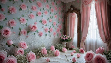 pink roses in a vase on the wall Vintage Rose and Lace Floral Wallpaper