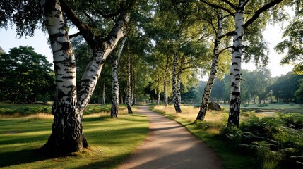 Obraz premium Sundrenched path through birch tree grove