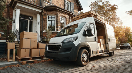 White van full of moving boxes parked in front of house. Moving service, home relocation concept. Cardboard boxes inside van. Residential moving business, delivery service