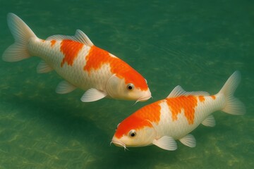 Koi fishes, carps swimming in a Japanese garden pond, closeup view  