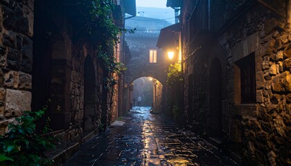 Fototapeta premium Un callejón tenuemente iluminado, con senderos empedrados que brillan por la lluvia reciente. El parpadeo de los faroles proyecta una cálida luz sobre los antiguos muros de piedra adornados con hiedra