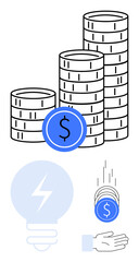 Stacked coins with dollar signs, a falling coin towards an open hand, and a glowing lightbulb symbolizing finance, investment, savings, economy, innovation, creativity business strategy. Ideal