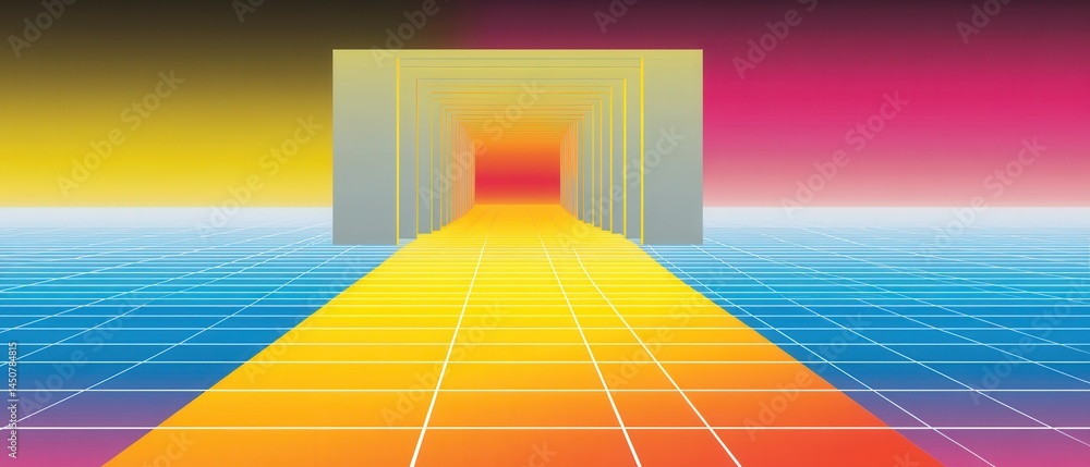 Poster ethereal gateway to the future abstract geometric perspective with vibrant colors and grid pattern i