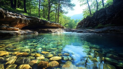 A captivating scene of a clear river flowing through a vibrant green forest with sunlit trees.