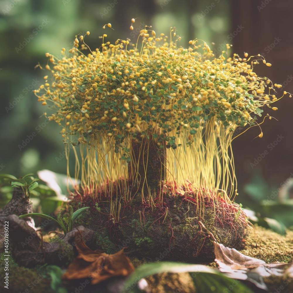 Poster enchanting miniature forest scene featuring a unique mossy tree with delicate yellow sprouts and vib