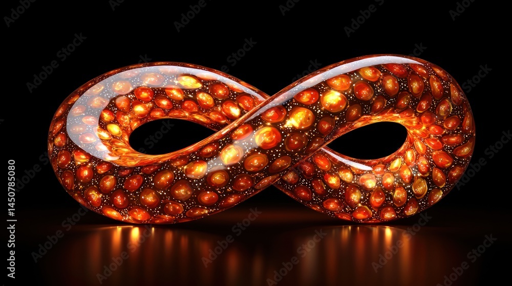Poster glowing infinity symbol: a 3d render of an endless loop filled with amber-like gems