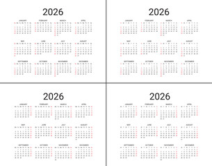 2026 Yearly Calendar Template 4 Variants Sunday and Monday Start, Clean Minimal Design suitable for printing, planning, scheduling, or digital use. Vector illustration