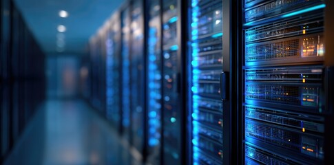 Obraz premium Glowing servers in a secure data center corridor with futuristic lighting, excellent for themes of information technology, data security, and innovation