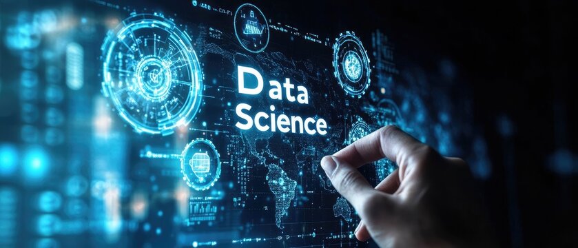 Person touches digital Data Science world map interface futuristic technology