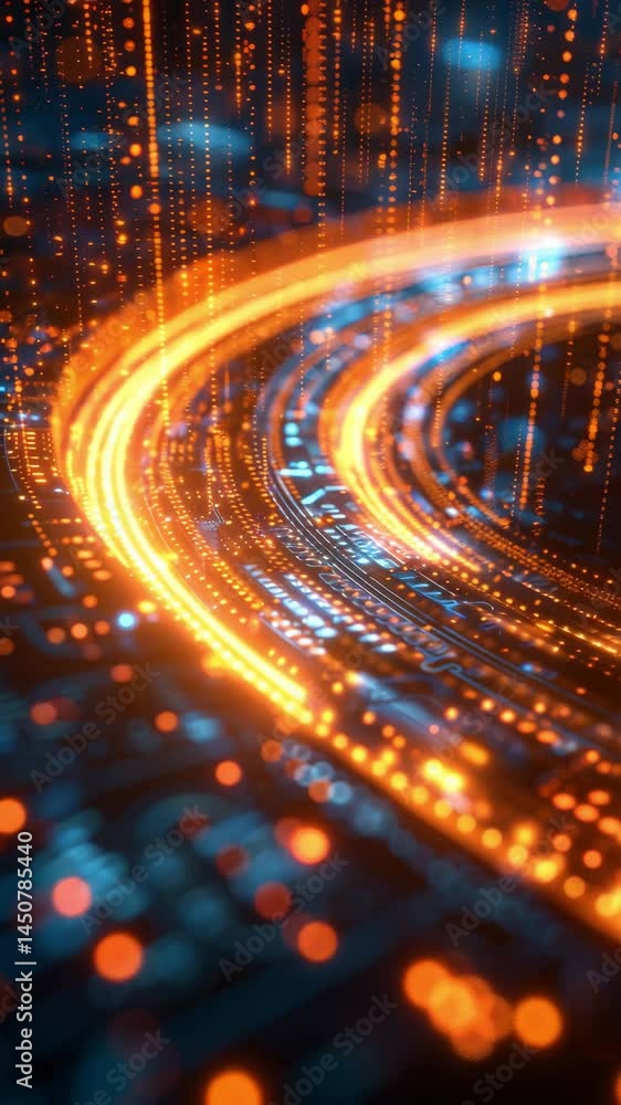 Poster digital landscape featuring flowing lights and binary code in a vibrant, mesmerizing display of tech
