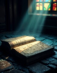 Ancient Book Illuminated by Stained Glass Sunbeam on Stone Floor with Mystical Atmosphere