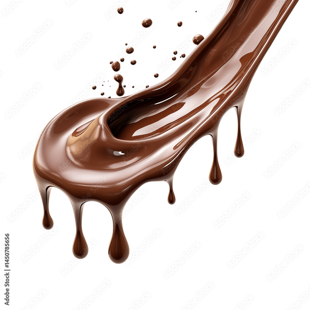 Poster a visually appealing shot of flowing chocolate with droplets on a in studio shot transparent backgro