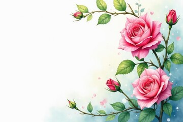 Delicate watercolor rose buds, climbing vines , bloom, design element, interior design