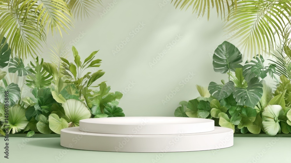 Poster elegant tropical podium display with lush green foliage and gentle shadows for product showcase and 