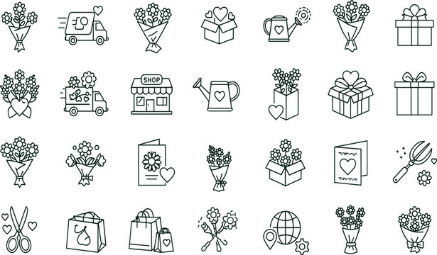 Flower bouquet service line icon set. Vector pictograms of arrangement, vase, wrap, roses, thank, wedding, birthday, sympathy, teddy, bear, chocolate,