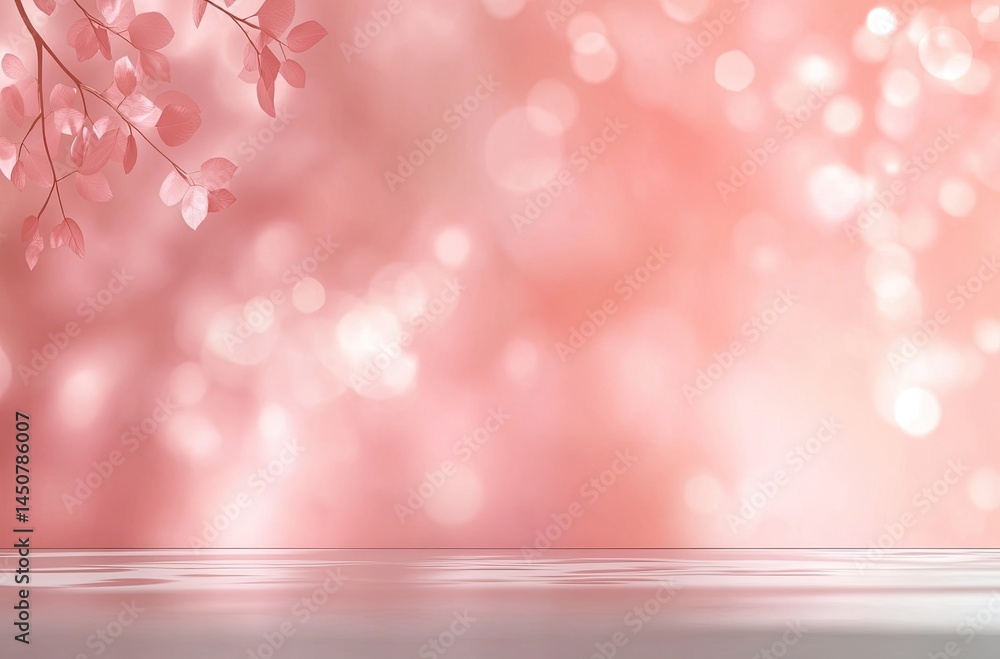 Poster pink leaves branch on abstract blurred bokeh background with reflected surface