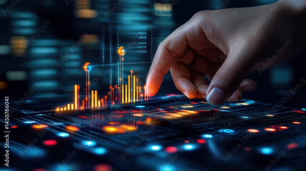 Poster interactive data visualization: a hand interacts with a futuristic digital interface displaying dyna
