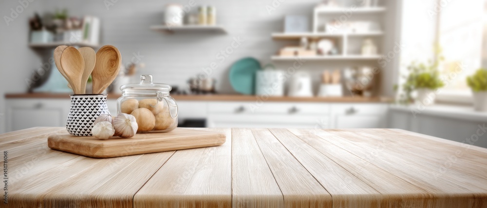 Aufkleber rustic kitchen scene with wooden table garlic and utensils creating a warm and inviting atmosphere p