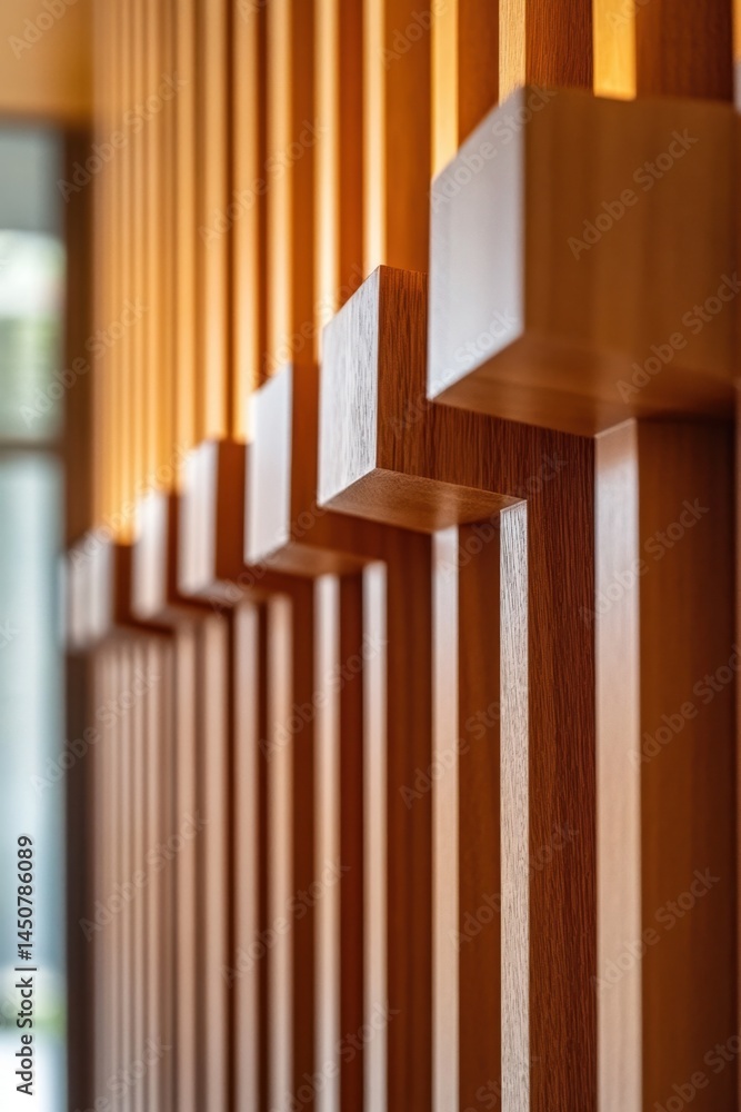 Poster abstract wooden slat wall with geometric pattern and warm ambient light creating a modern and minima