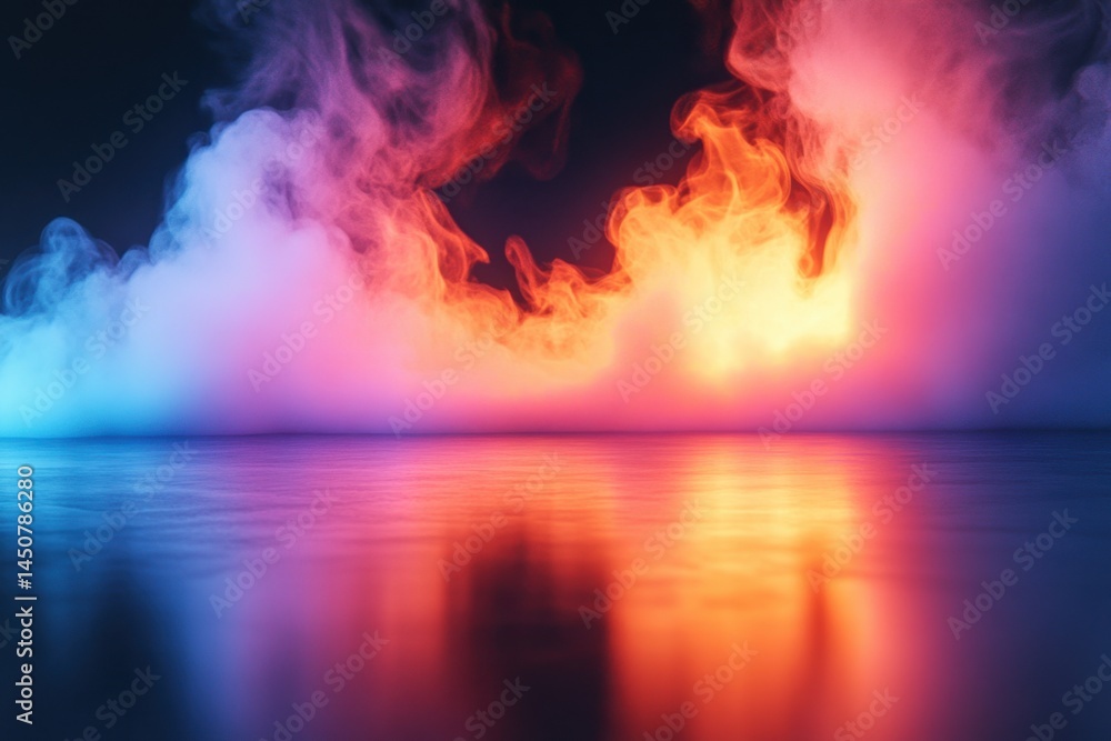 Poster abstract horizon of colorful smoke and water reflecting vibrant light in a surreal landscape creatin