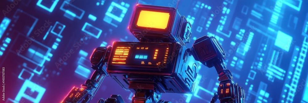 Poster futuristic cybernetic robot with glowing display and technological backdrop