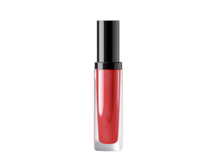 A close up of a red lip gloss tube with a black cap isolated on a in studio shot transparent background png