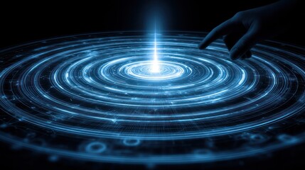 Fototapeta premium Hand interacts with swirling, luminous energy field. A glowing, blue energy vortex. Dark background