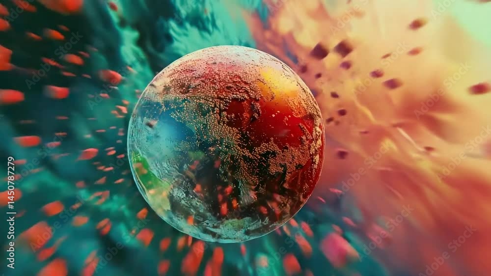 Poster planet is shown in a space with many red and blue objects. the planet is surrounded by a lot of debr
