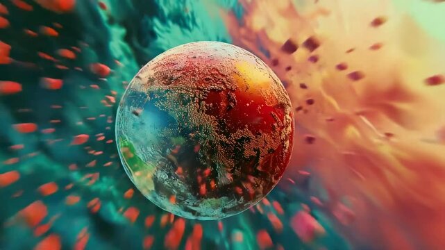 Planet is shown in a space with many red and blue objects. The planet is surrounded by a lot of debris