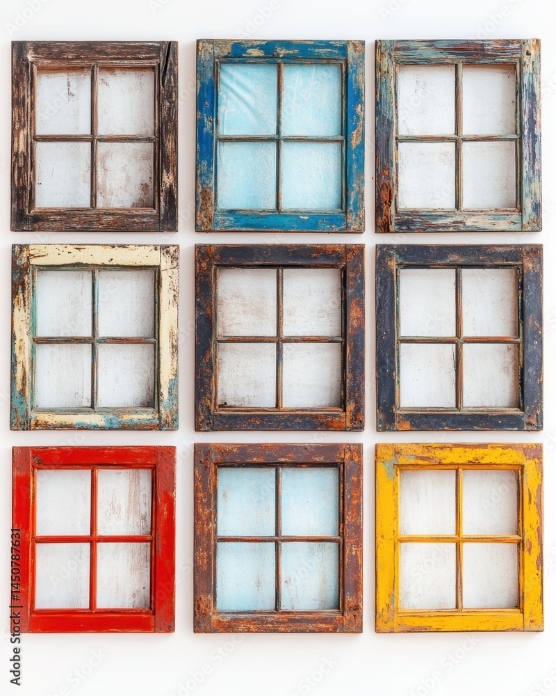 Poster rustic window frames featuring distressed paint and vintage charm arranged on a clean white backdrop