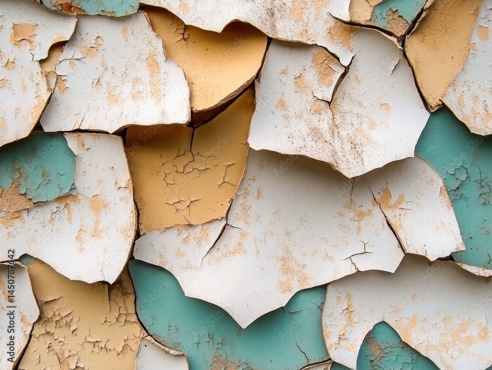 Poster abstract close up of peeling paint revealing layers of color creating a textured surface with a rust