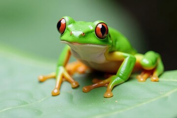 Naklejka premium Green tree frog perched on white, vibrant skin, legs, herpetology, eyes