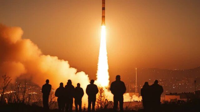 Rocket is launching into the sky. A group of people are watching the launch. There are at least nine people in the group